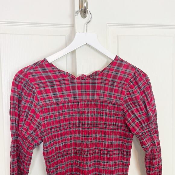 Damson Madder Alice Red Plaid Shirred Midi Dress Drop Waist Velvet Trim Sz 6 - Picture 4 of 11